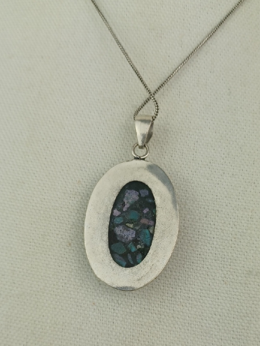 Sterling Silver Black Turquoise Purple Terrazo Mosaic Stone Pendant Necklace - Picture 4 of 10